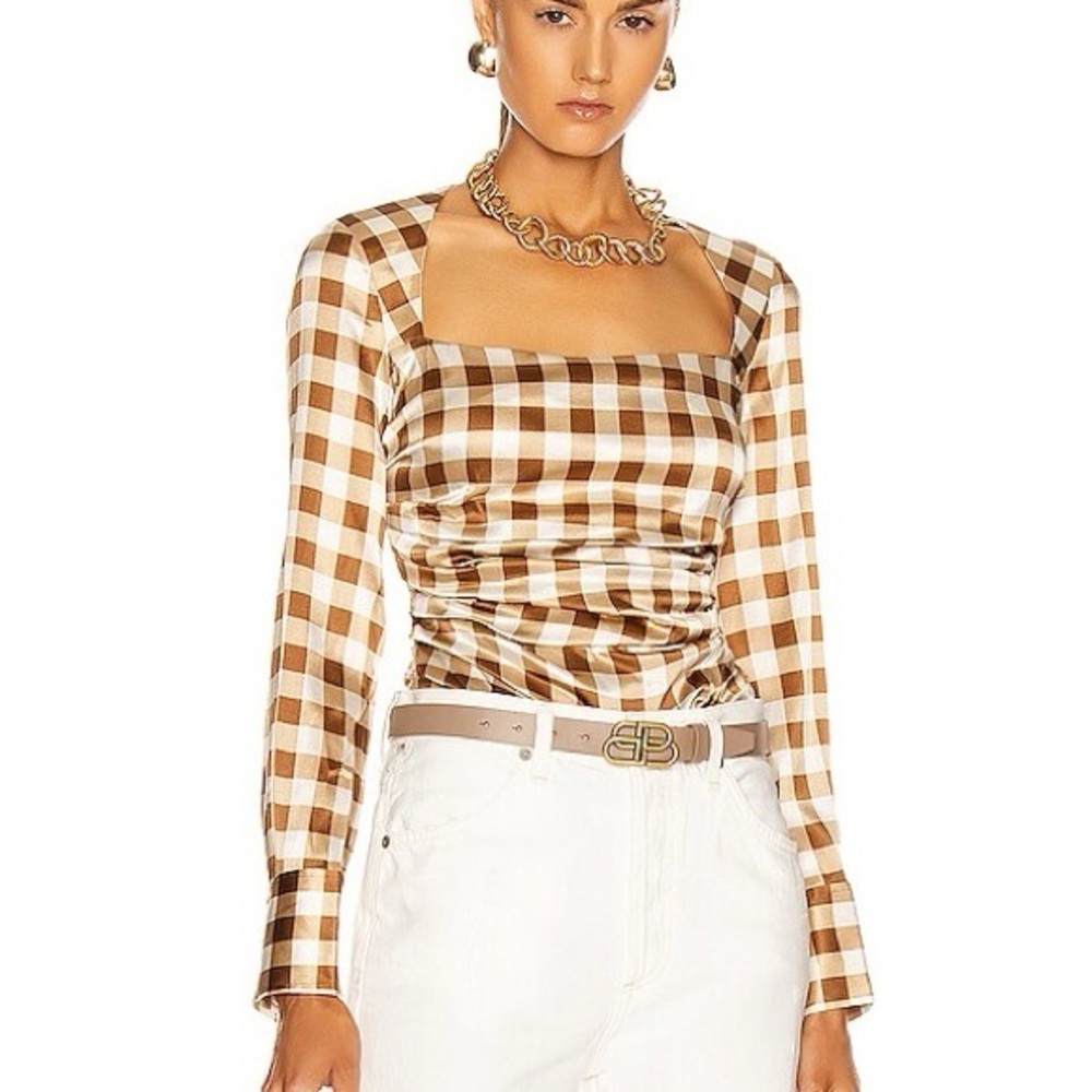 GANNI Brown Silk Check Draped Blouse Size 38 (6 US)